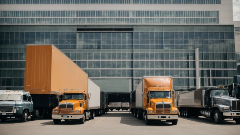 a row of moving trucks parked in front of a large office building, ready for relocation.