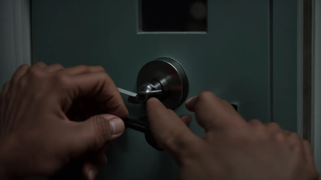 a skilled locksmith expertly picks a lock on a front door.