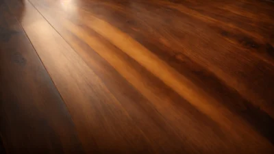a wooden table gleaming under a soft light, showcasing its rich, freshly-stained surface.