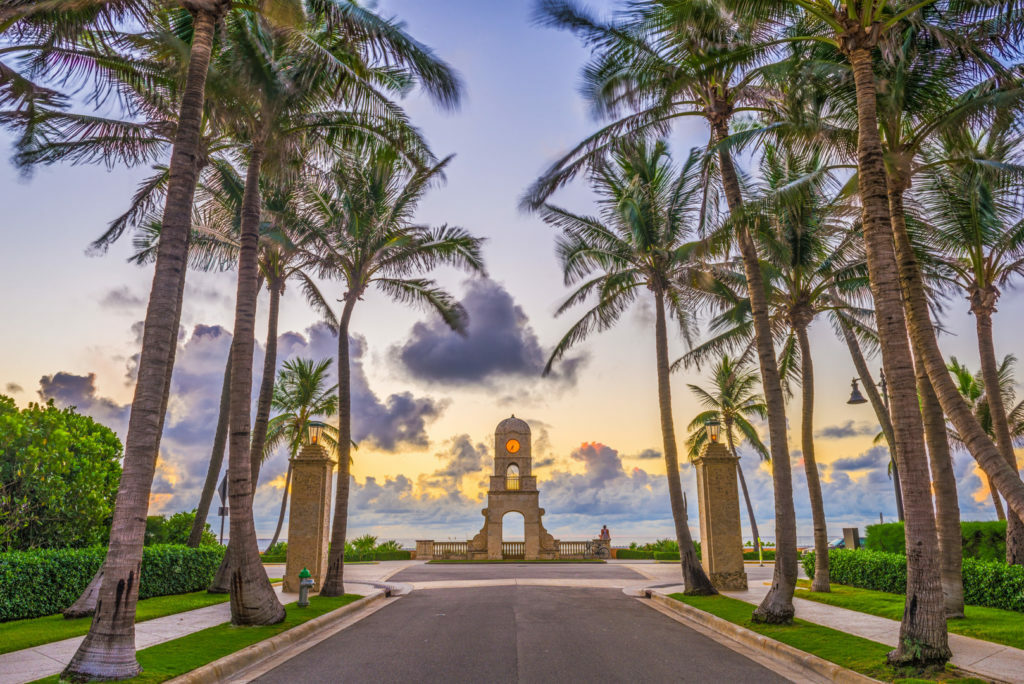 a road with palm trees and a building with a tower in the background